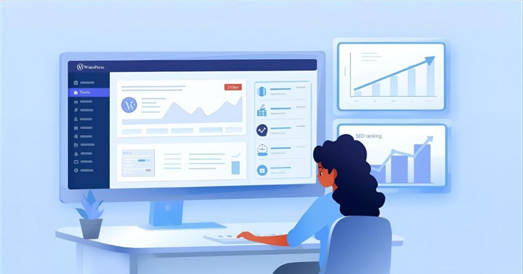 Illustration eines WordPress Dashboards mit geplanten Cronjobs und Performance- sowie SEO-Diagrammen