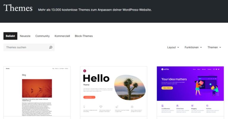 Screenshot der WordPress-Themes-Übersicht mit beliebten kostenlosen Designs wie Hello, Astra und Blog
